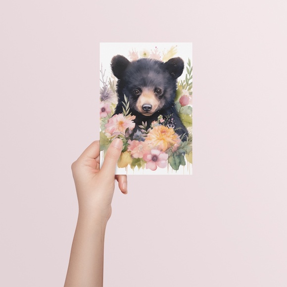 Watercolor Floral Black Bear Portrait Wall Art Illustration Print Unframed - Picture 5 of 5